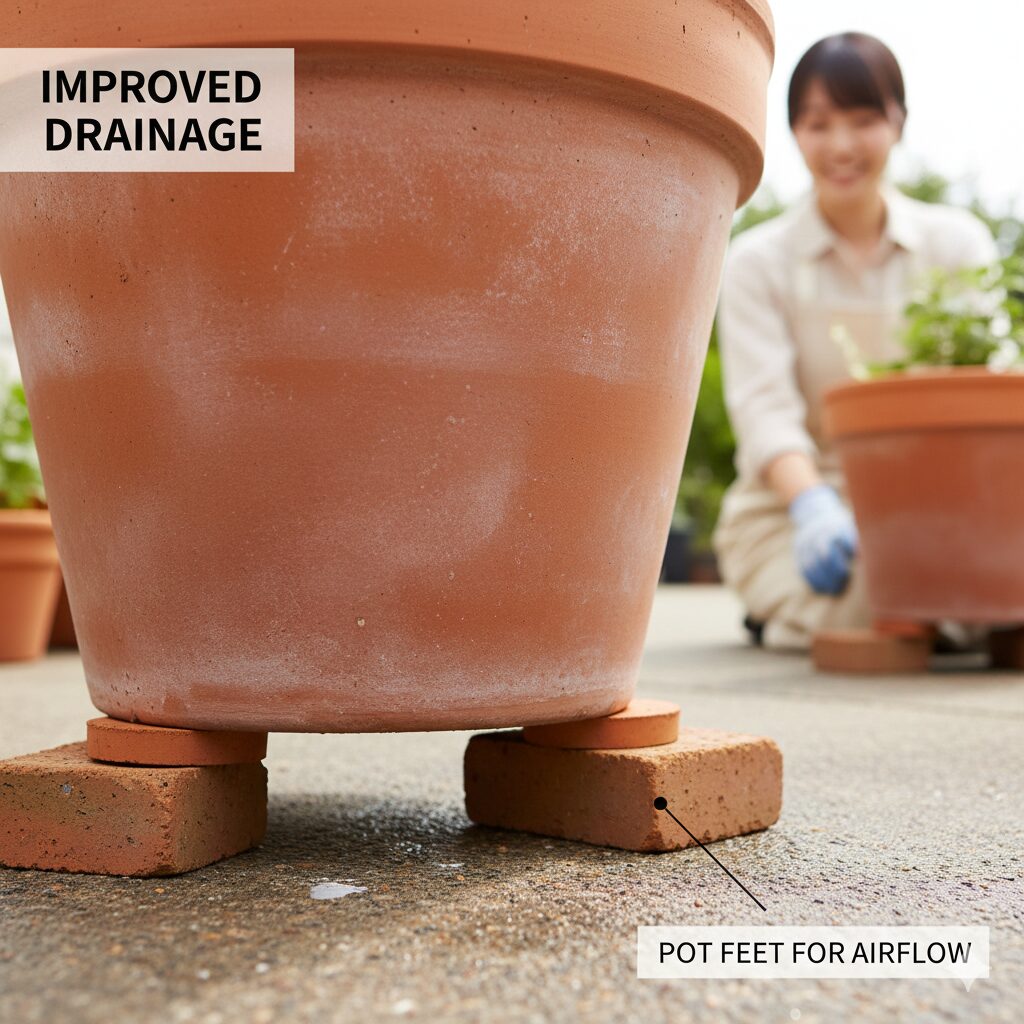 ラベンダー 花が終わったら9　ポットフィート（鉢台）を使用して地面の熱から守られているラベンダーの鉢植え