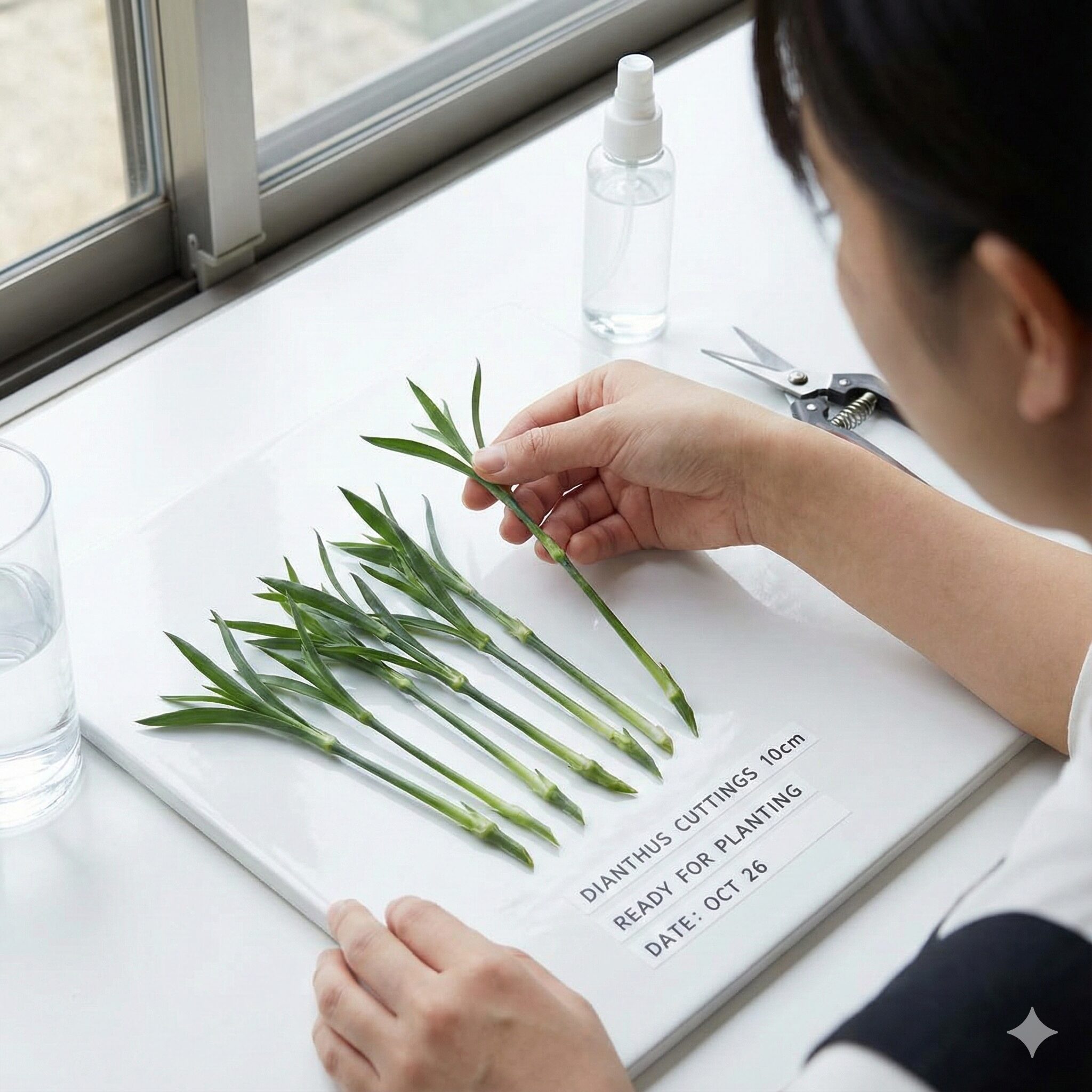 リーガスベゴニア育て方10　リーガスベゴニアの挿し木手順。下葉を取り除き、切り口を斜めにカットして調整した挿し穂の完成形。