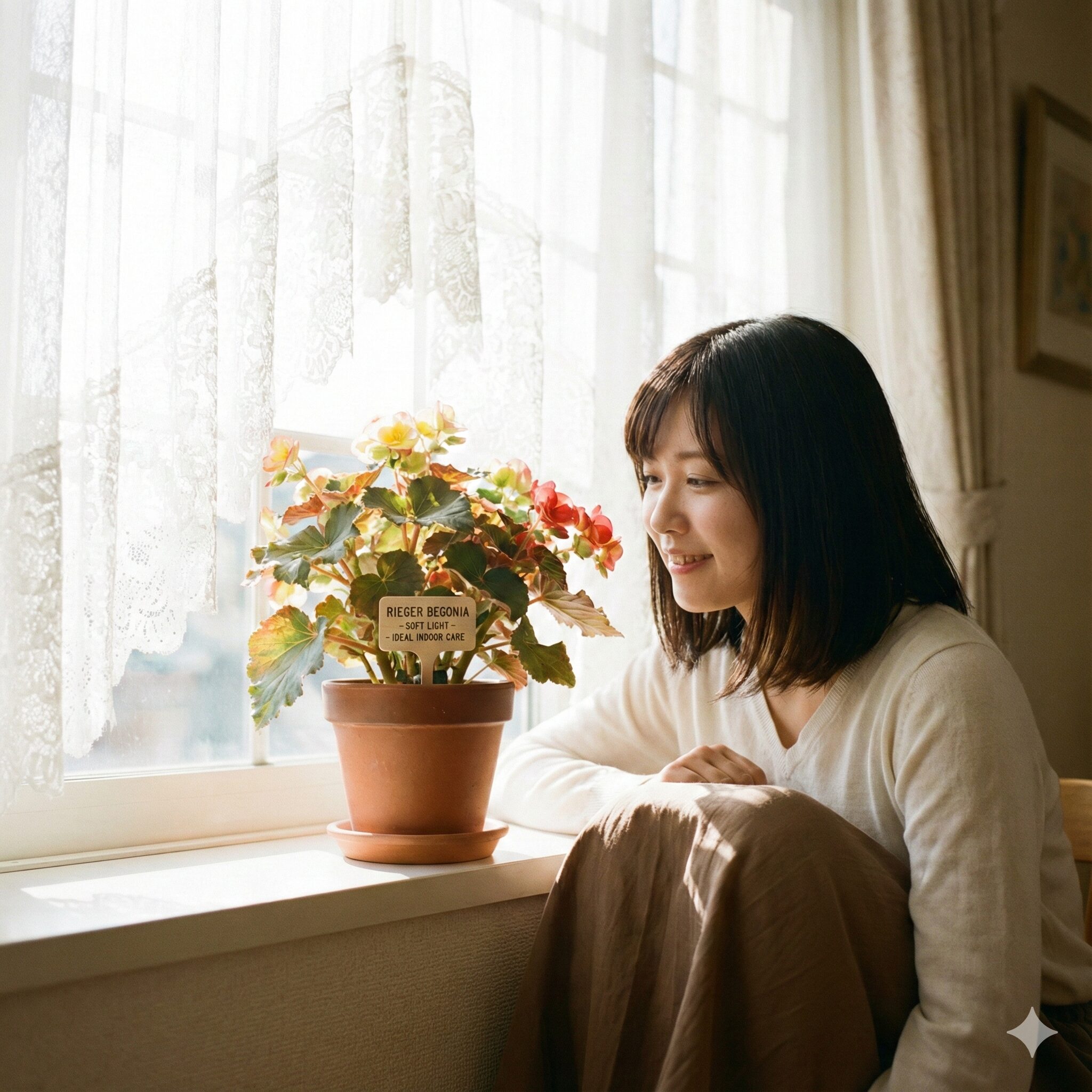 リーガスベゴニア育て方2　リーガスベゴニアの葉焼けを防ぐレースのカーテン越しの柔らかな日光と窓辺の置き場所。