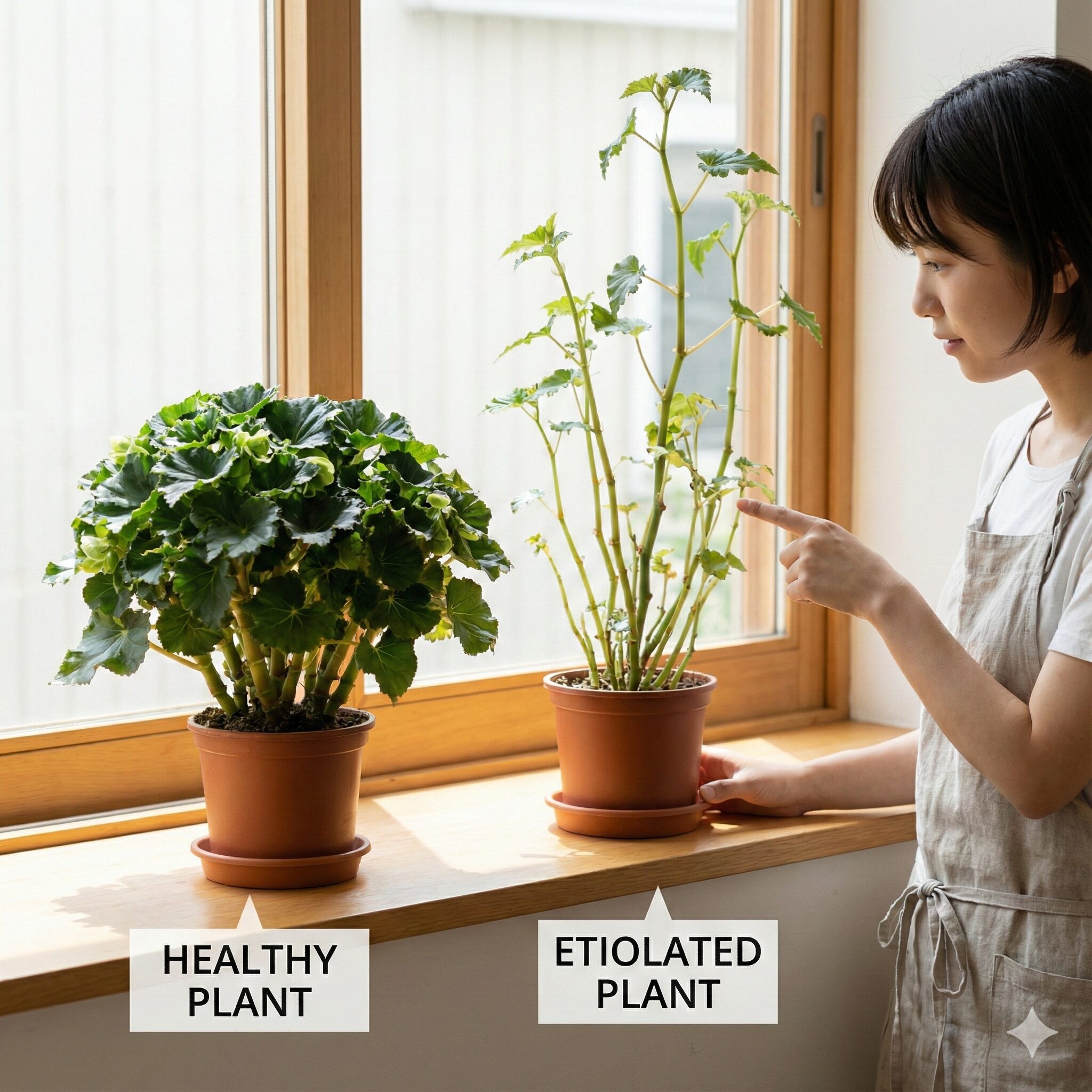 リーガスベゴニア育て方3　光不足で茎が間延びした徒長したリーガスベゴニアと、日当たりが良く引き締まった健康な株の比較。