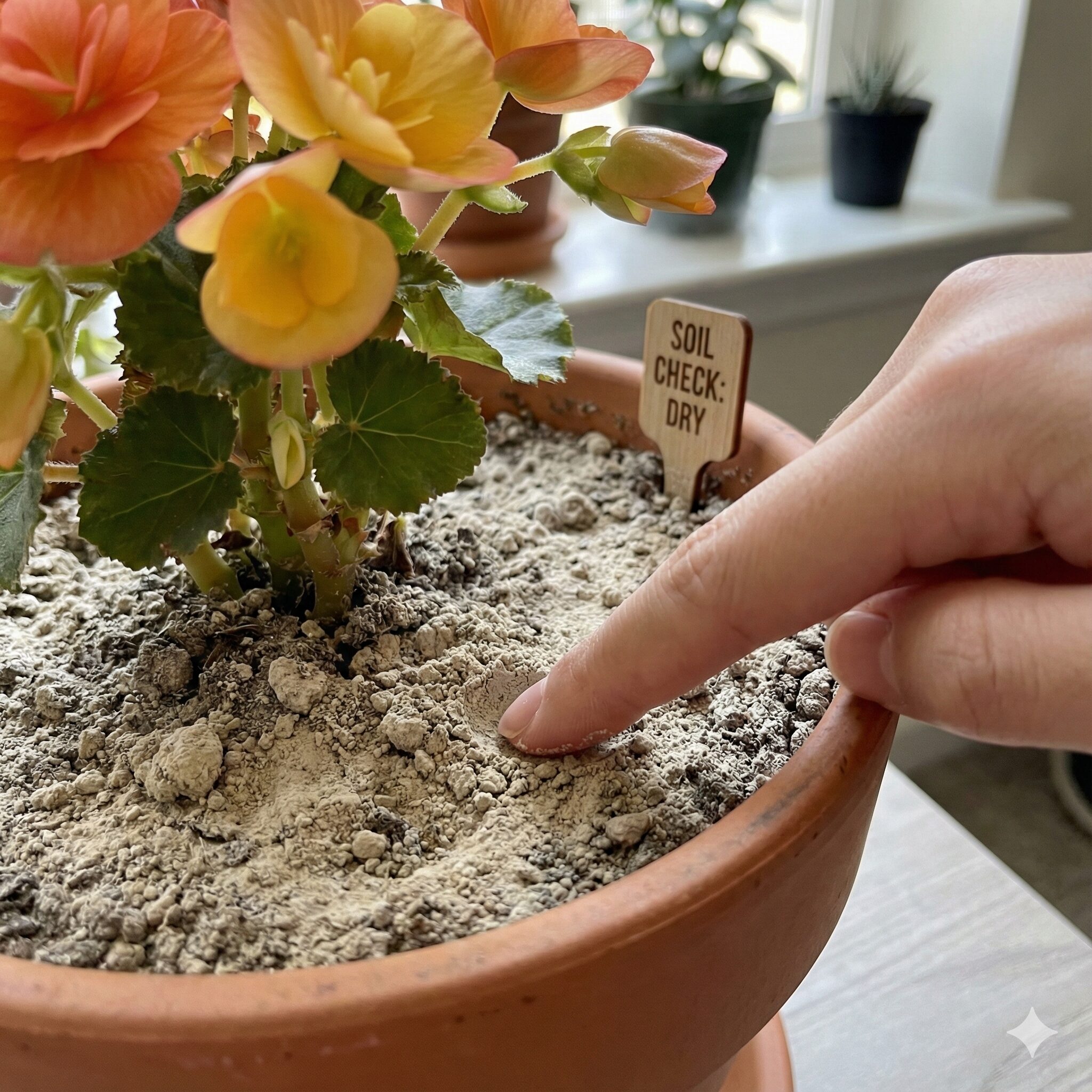 リーガスベゴニア育て方4　リーガスベゴニアの水やりタイミング確認。土の表面が白く乾いている状態を指で触って確認している様子。