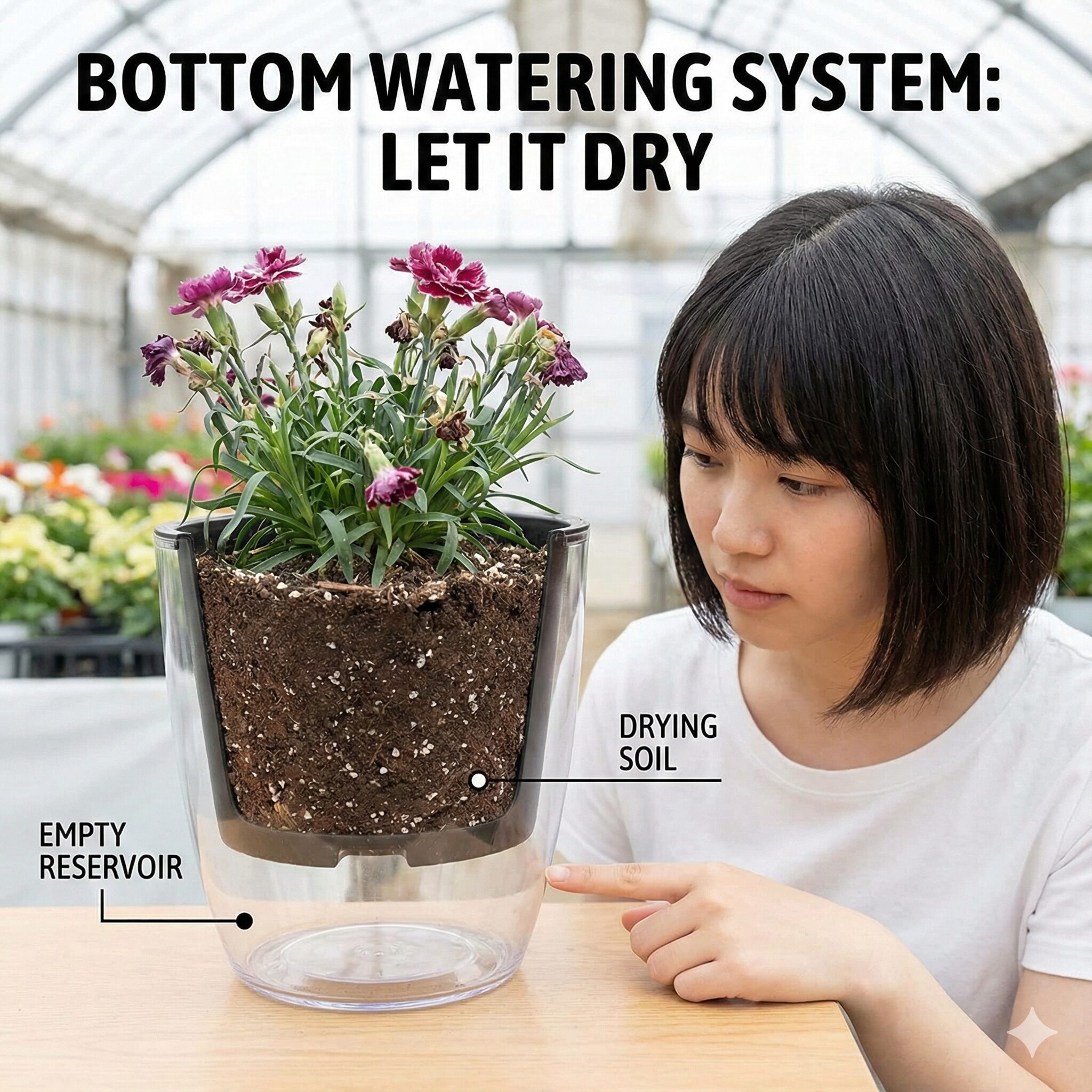 リーガスベゴニア育て方5　底面給水鉢の正しい水やり管理。タンクの水がなくなり土が乾いてから給水する仕組みの図解。