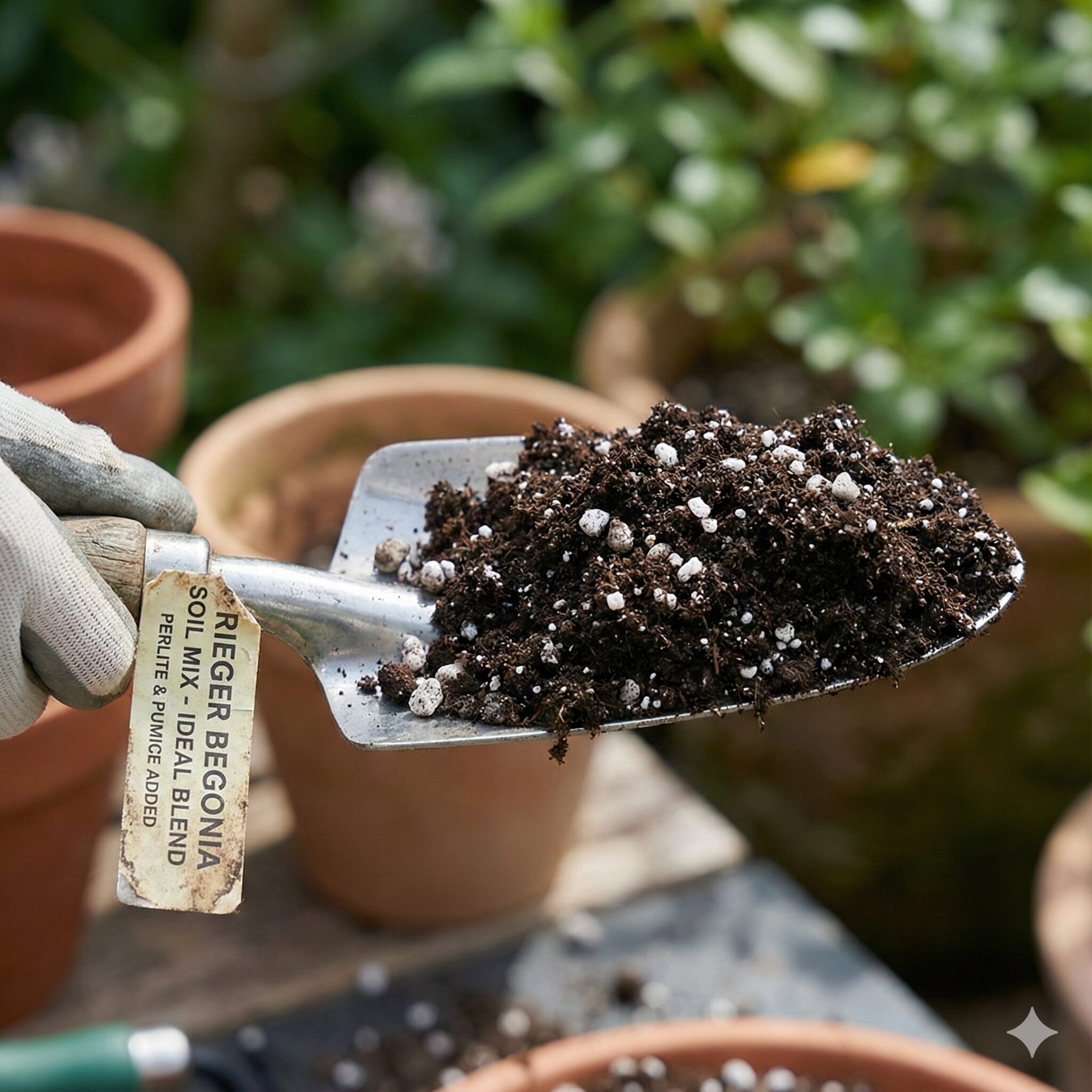 リーガスベゴニア育て方6　リーガスベゴニアに適した水はけの良い用土。培養土にパーライトや軽石小粒が混ざった通気性の良い土の配合。
