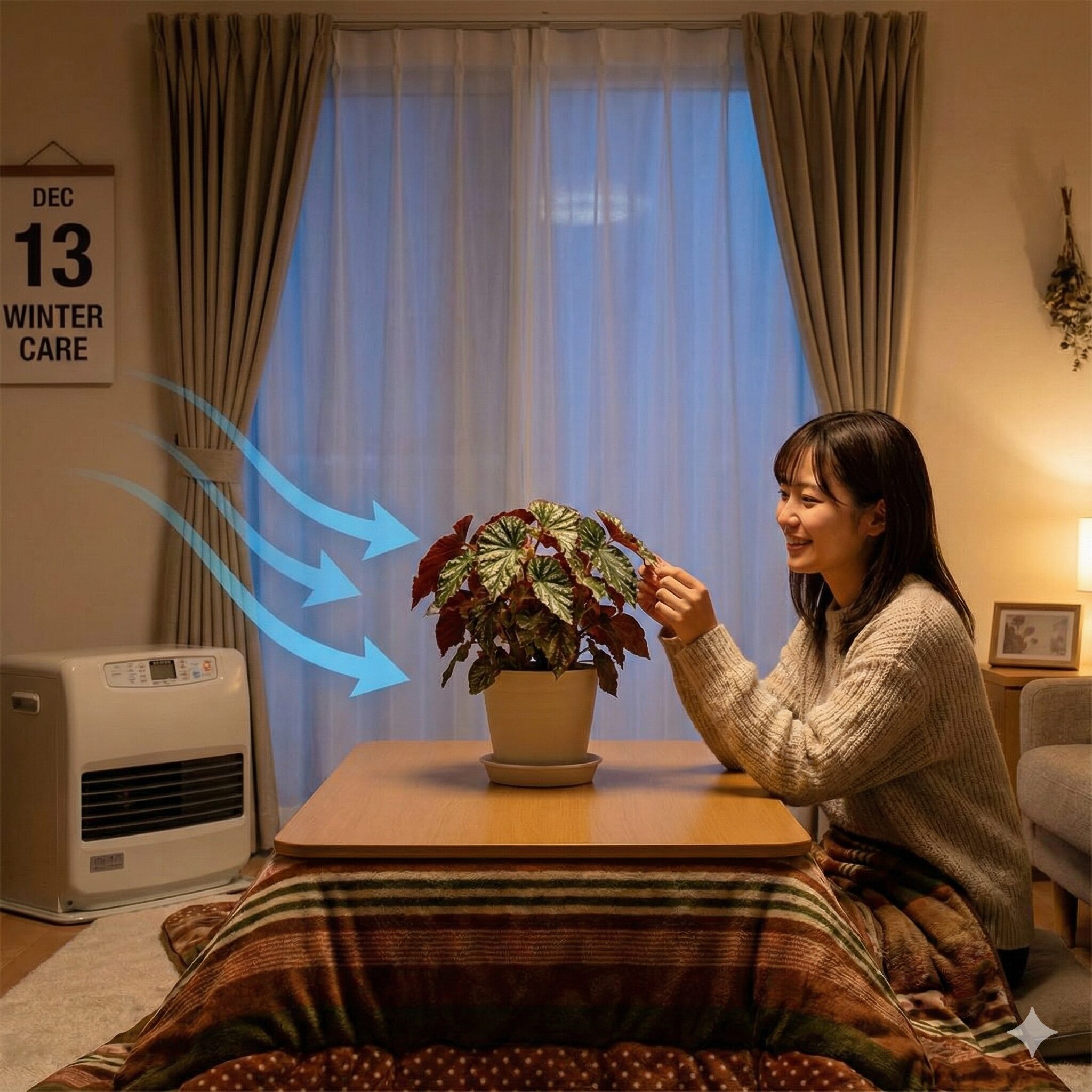 リーガスベゴニア育て方7　リーガスベゴニアの冬越し対策。夜間の窓辺の冷気を避け、部屋の中央に移動させて保温管理している様子。