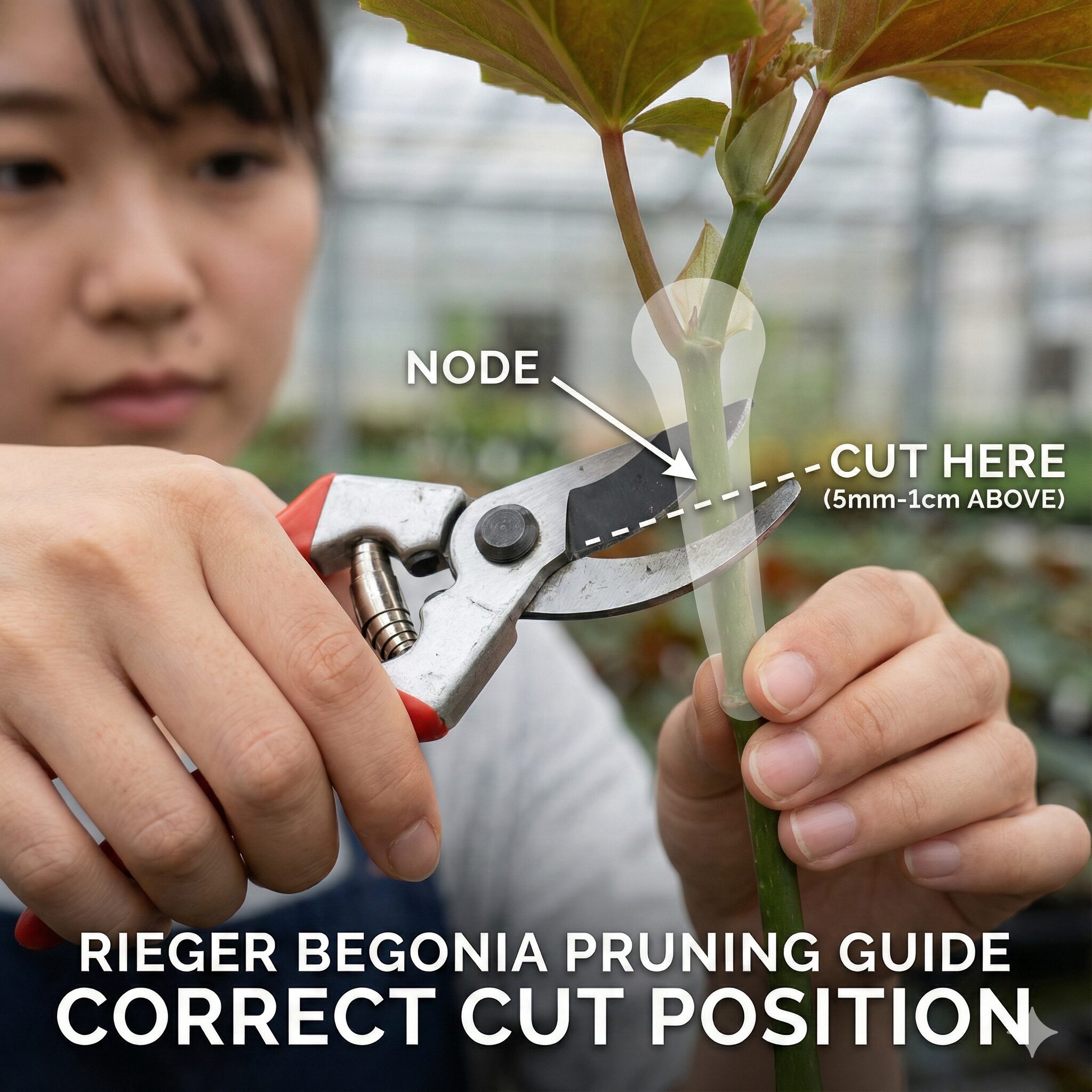 リーガスベゴニア育て方8　リーガスベゴニアの正しい切り戻し位置。新しい脇芽が出る節の少し上で茎をカットする剪定の図解。