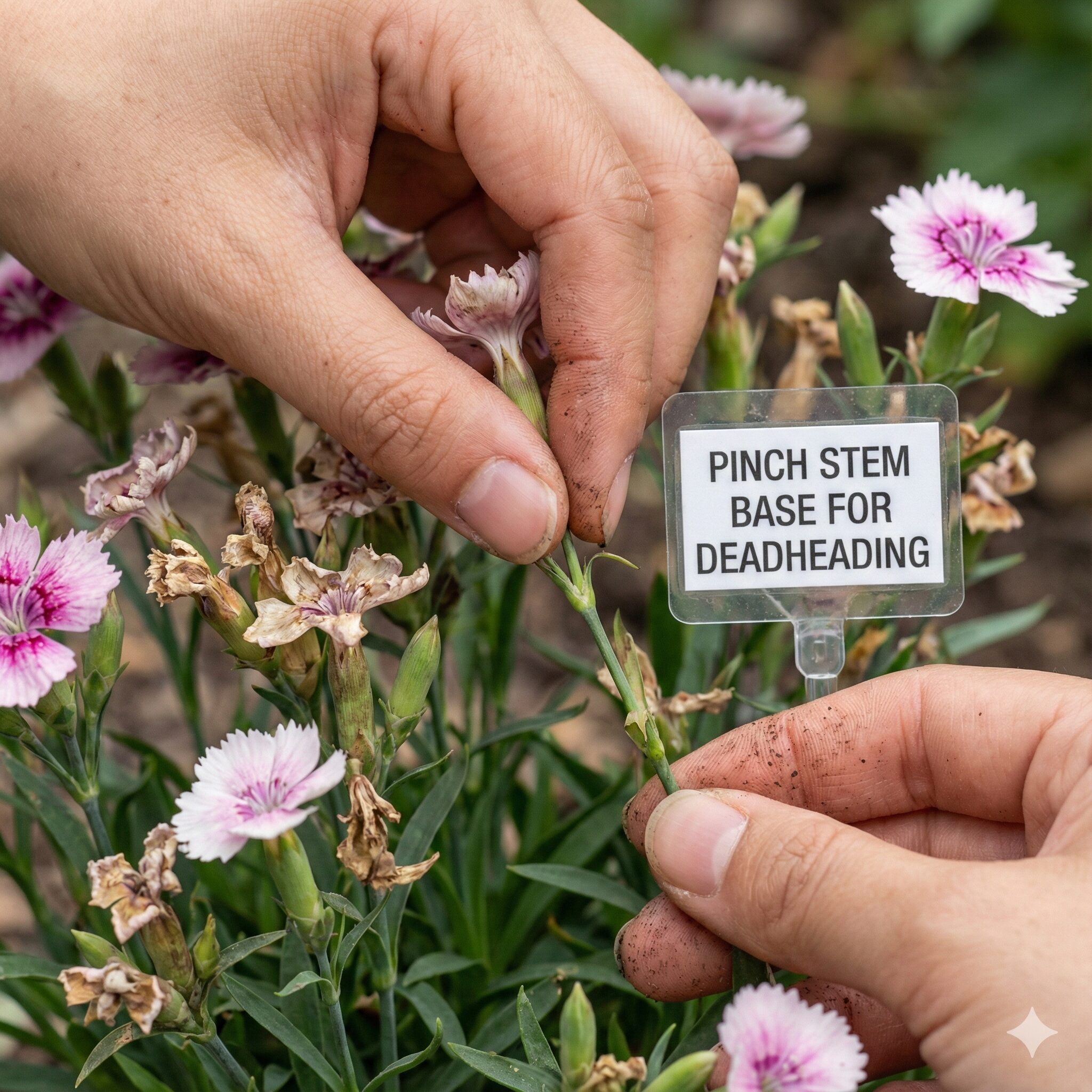 リーガスベゴニア育て方9　病気を防ぐ正しい花殻摘みの方法。花茎の付け根から指で摘み取っている手元のアップ。