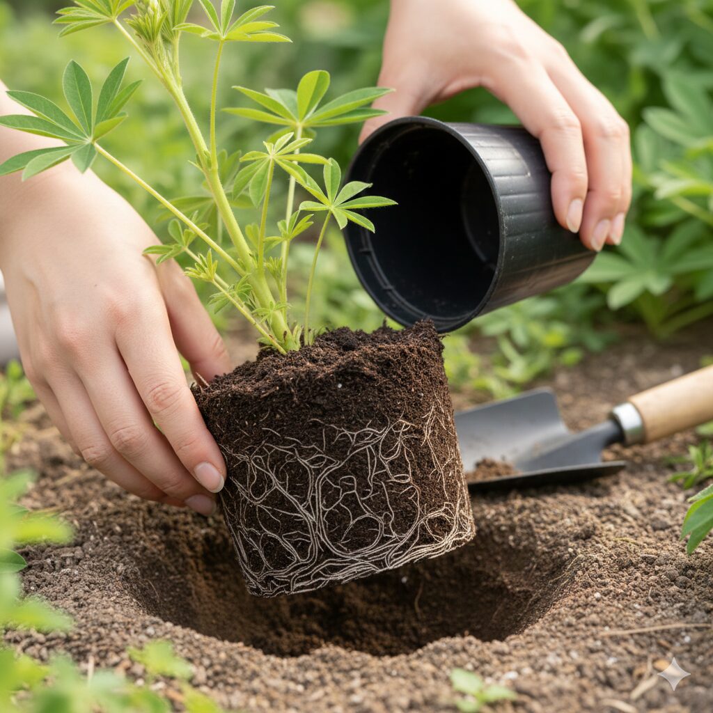 ルピナス 種まき時期10 ルピナスの失敗しない定植方法:根鉢を崩さずにポットから植え替える手順のイラスト