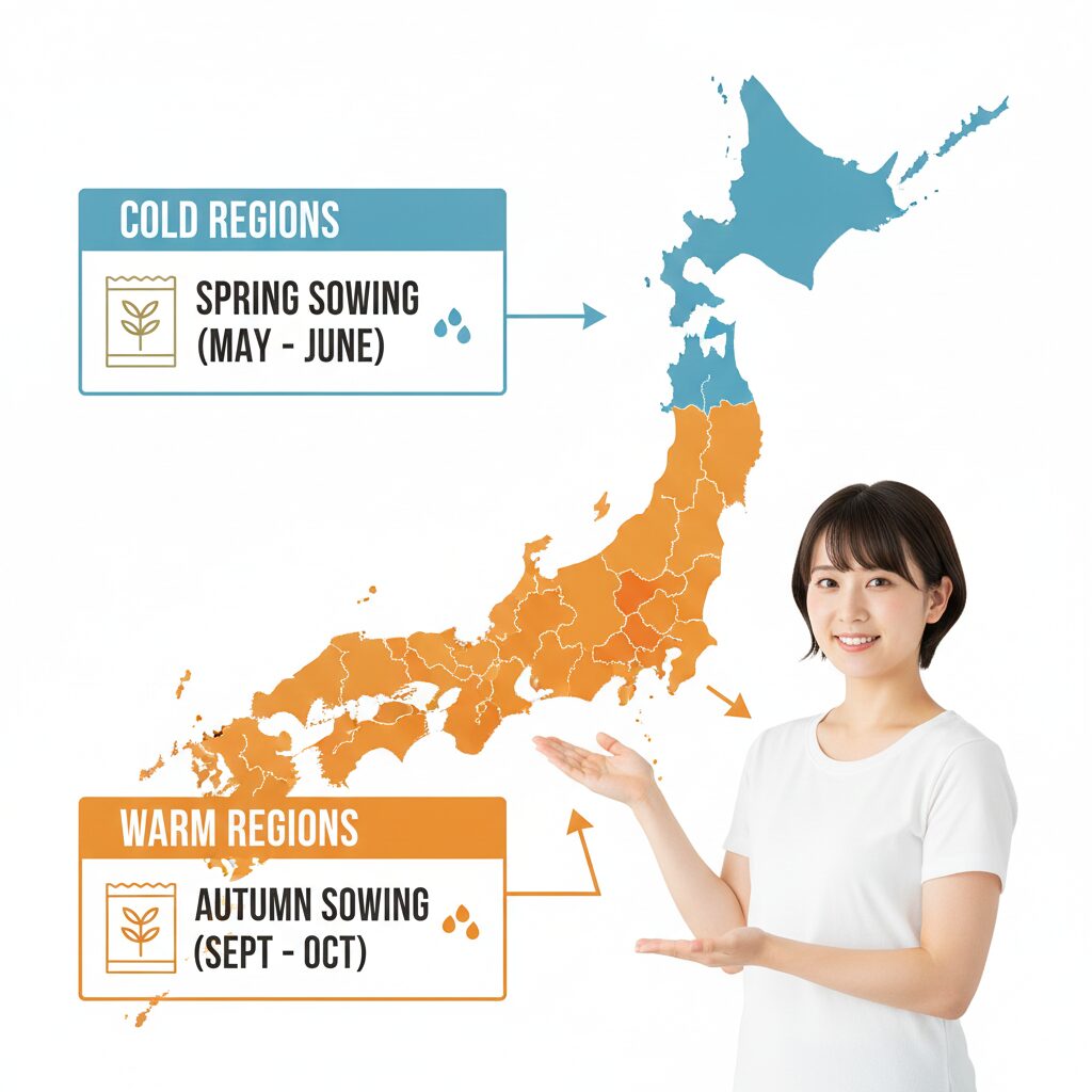 ルピナス 種まき時期2 ルピナスの地域別種まき時期マップ:寒冷地は春まき、温暖地は秋まきを示す日本地図の図解