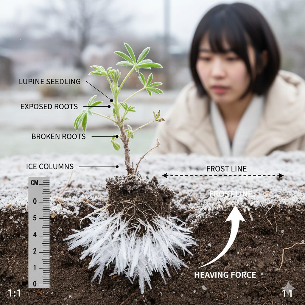 ルピナス 種まき時期3 ルピナスの遅まきによる失敗例:霜柱で苗が持ち上げられる凍上現象の断面図イラスト