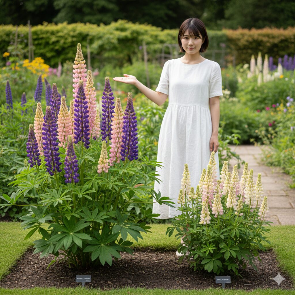 ルピナス 種まき時期4 大型種のラッセルルピナスと矮性種ピクシーデライトの草丈と花姿の比較イラスト