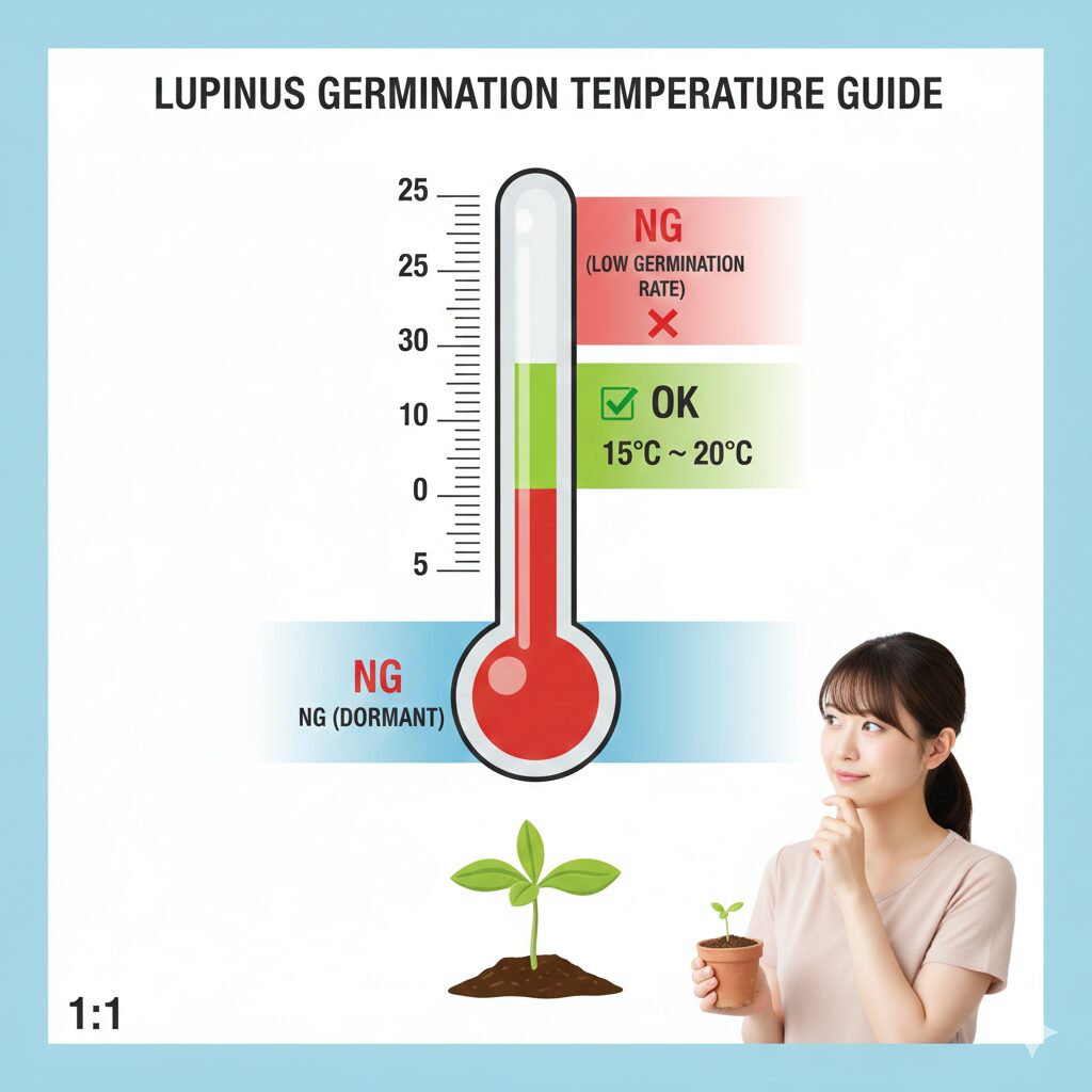ルピナス 種まき時期5 ルピナスの発芽適温チャート:15℃〜20℃の最適温度と高温・低温のリスクを示す温度計の図