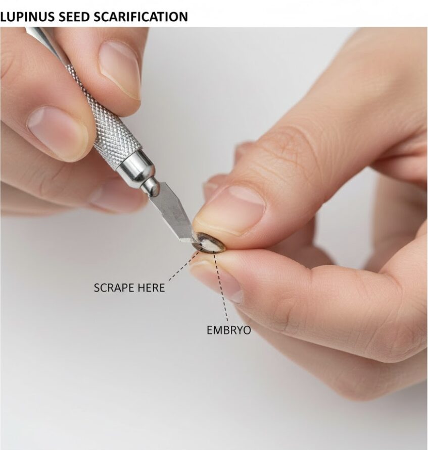 ルピナス 種まき時期6 ルピナスの発芽率を上げる硬実処理の手順:カッターで種皮に傷をつける方法のクローズアップ