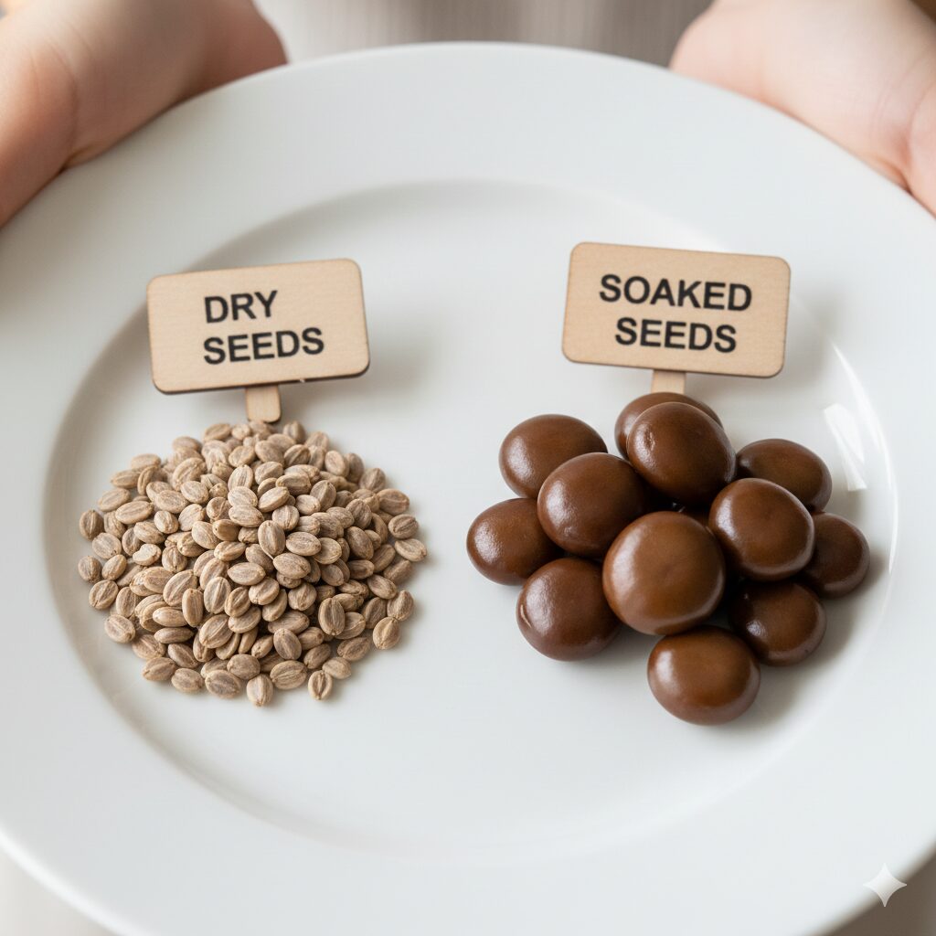 ルピナス 種まき時期7 ルピナスの種子の吸水前後の比較写真:乾燥状態と一晩浸水して膨張した状態の違い