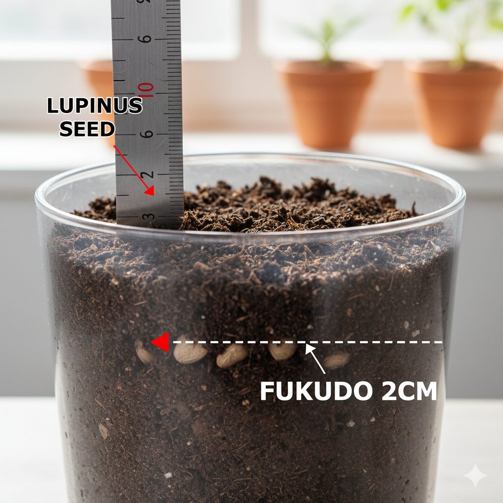 ルピナス 種まき時期8 嫌光性種子であるルピナスの正しい種まきの深さ:土を2cm被せる覆土の断面図解