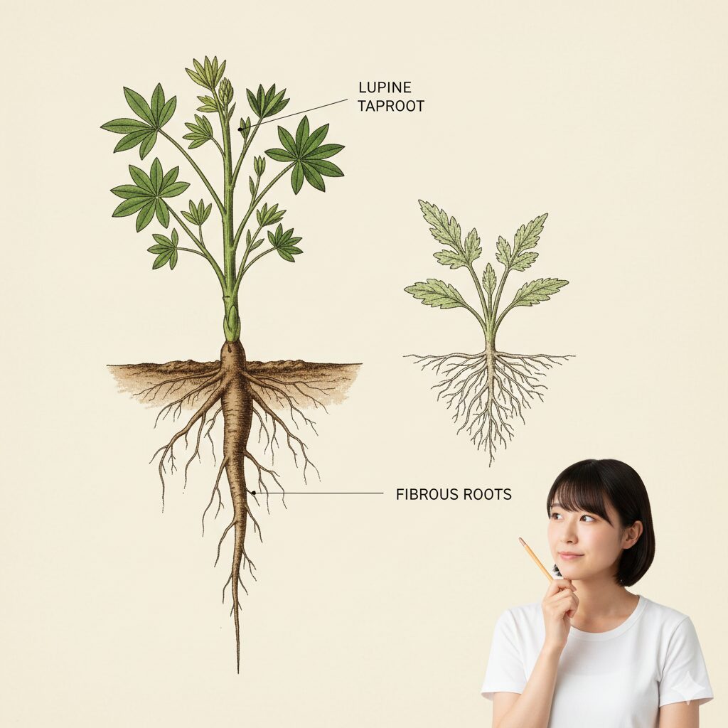 ルピナス 種まき時期9 移植を嫌うルピナスの直根性の構造イラスト:太い主根が垂直に伸びる様子