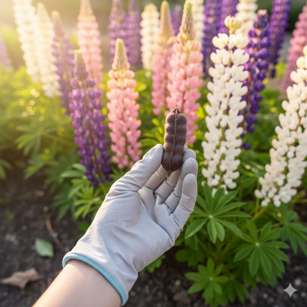 ルピナス 種取り1　種取り時期を迎えたルピナスの実った莢と満開の花畑の様子