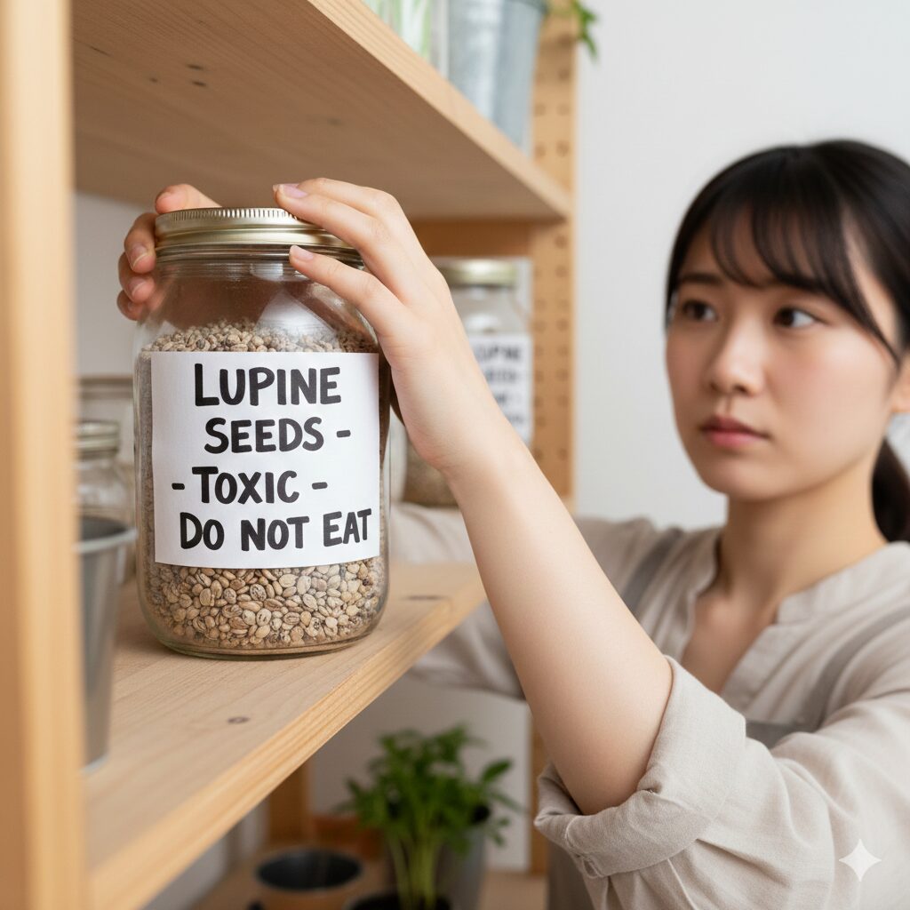 ルピナス 種取り10　ルピナスの種の誤食事故防止対策：「有毒・食べられない」と明記したラベル付き保存容器