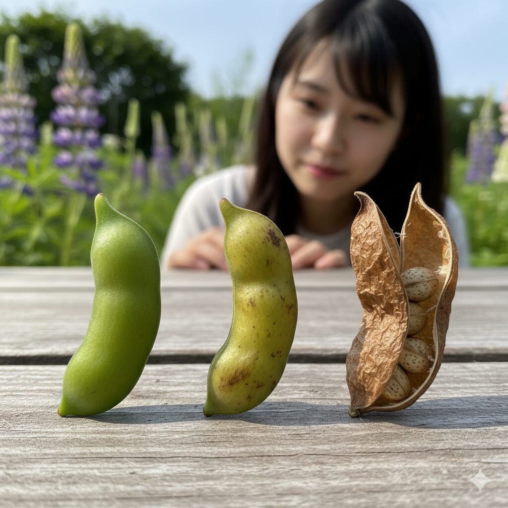 ルピナス 種取り2　ルピナスの種取りタイミングの見極め：未熟な緑色の莢から完熟した茶色の莢への色の変化比較