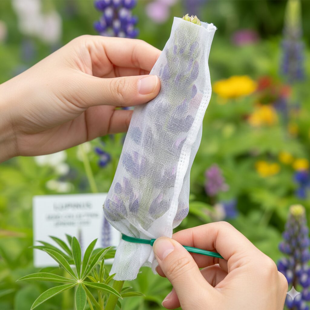 ルピナス 種取り3　ルピナスの種の弾け飛び防止対策：莢にネット袋を被せて固定する方法