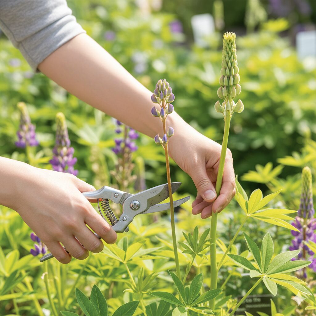 ルピナス 種取り4　ルピナスの花柄摘みと選別：株の消耗を防ぐために種取り用以外の花茎を剪定する様子