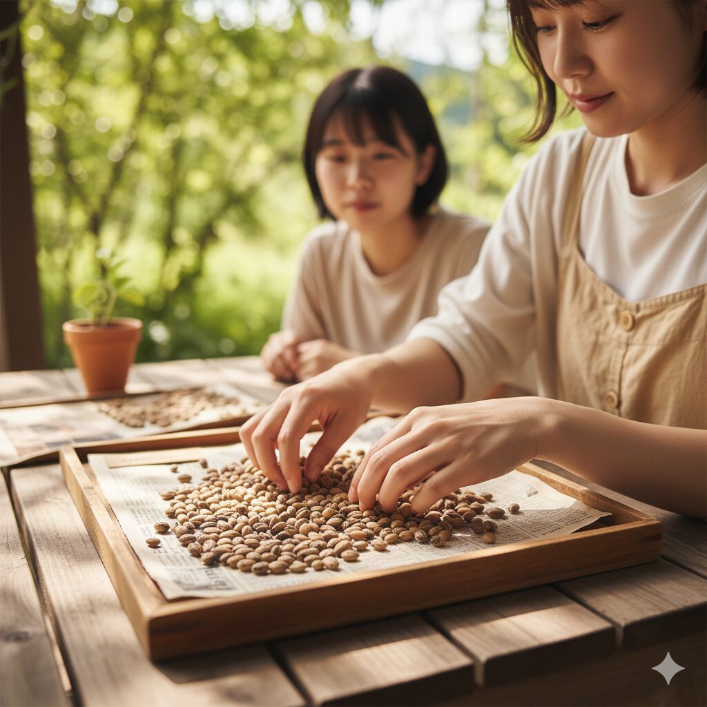 ルピナス 種取り5　ルピナスの種の乾燥処理：カビ防止のために日陰で種を広げてしっかりと乾かす手順