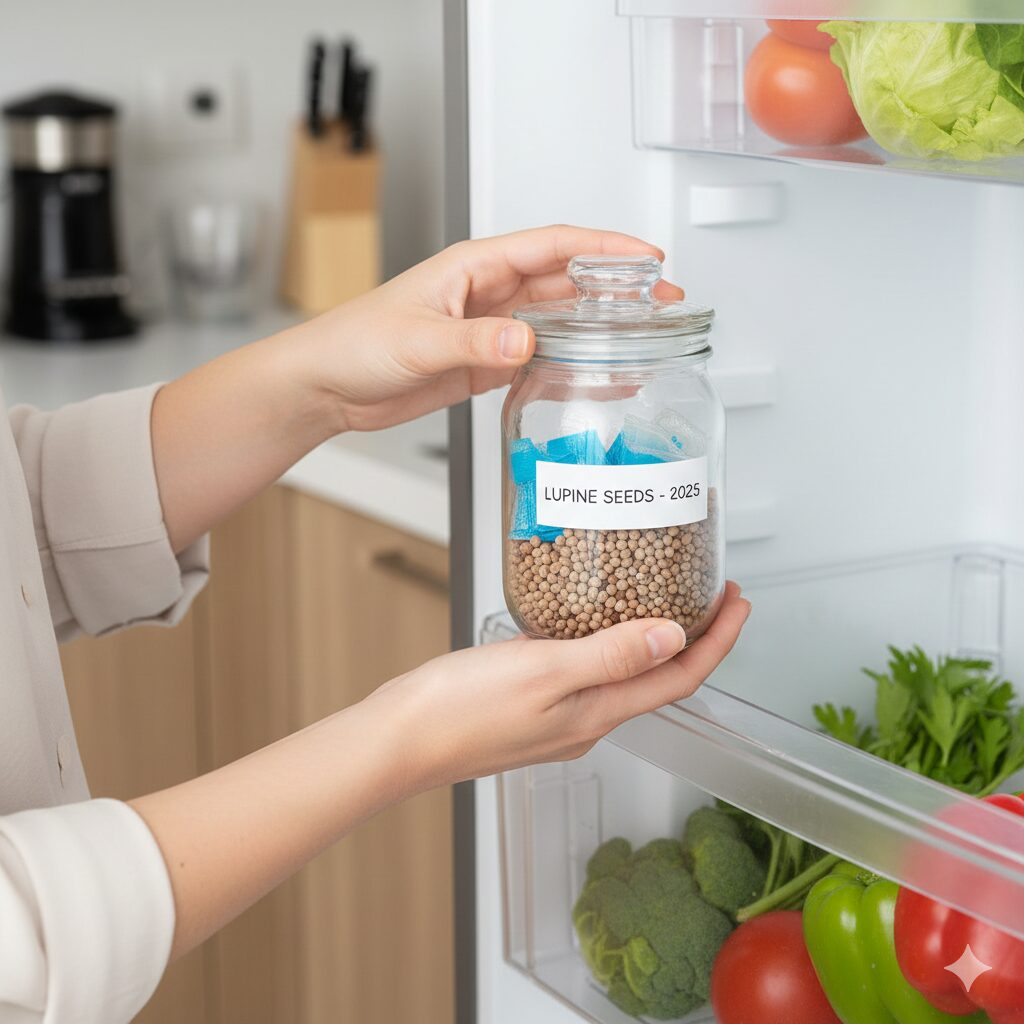 ルピナス 種取り6　種の保存準備が完了した様子。透明な密閉ガラス瓶（またはジッパー付き袋）の中に乾燥したルピナスの種が入っており、青い粒が見えるシリカゲル（乾燥剤）が一緒に封入されている。瓶の横には冷蔵庫の野菜室が開いており、そこに保管しようとしているシーン。清潔感のある写真。