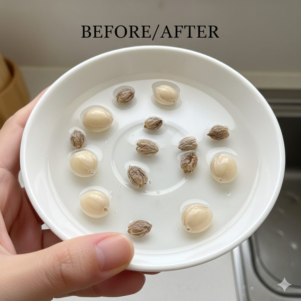 ルピナス 種取り7　白い小皿に水を張り、ルピナスの種を浸している様子。水に浸けて一晩経過した後の比較写真として、水を吸って大きくパンパンに膨らんだ種と、水を弾いて小さく硬いままの種が混在している様子を接写で撮影。吸水の有無によるサイズの違いが明確にわかる写真。