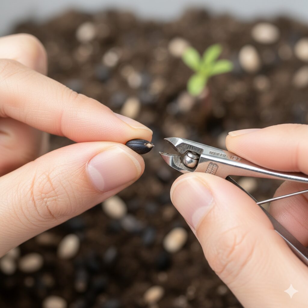 ルピナス 種取り8　硬実種子への「傷つけ処理（スカリフィケーション）」を行っている超クローズアップ写真。片手で小さなルピナスの種をつまみ、もう一方の手で爪切りを持ち、種の「へそ（窪んだ部分）」とは反対側の背中の部分をわずかにカットしようとしている瞬間。安全かつ正確な処理位置を示すインストラクション的な写真。