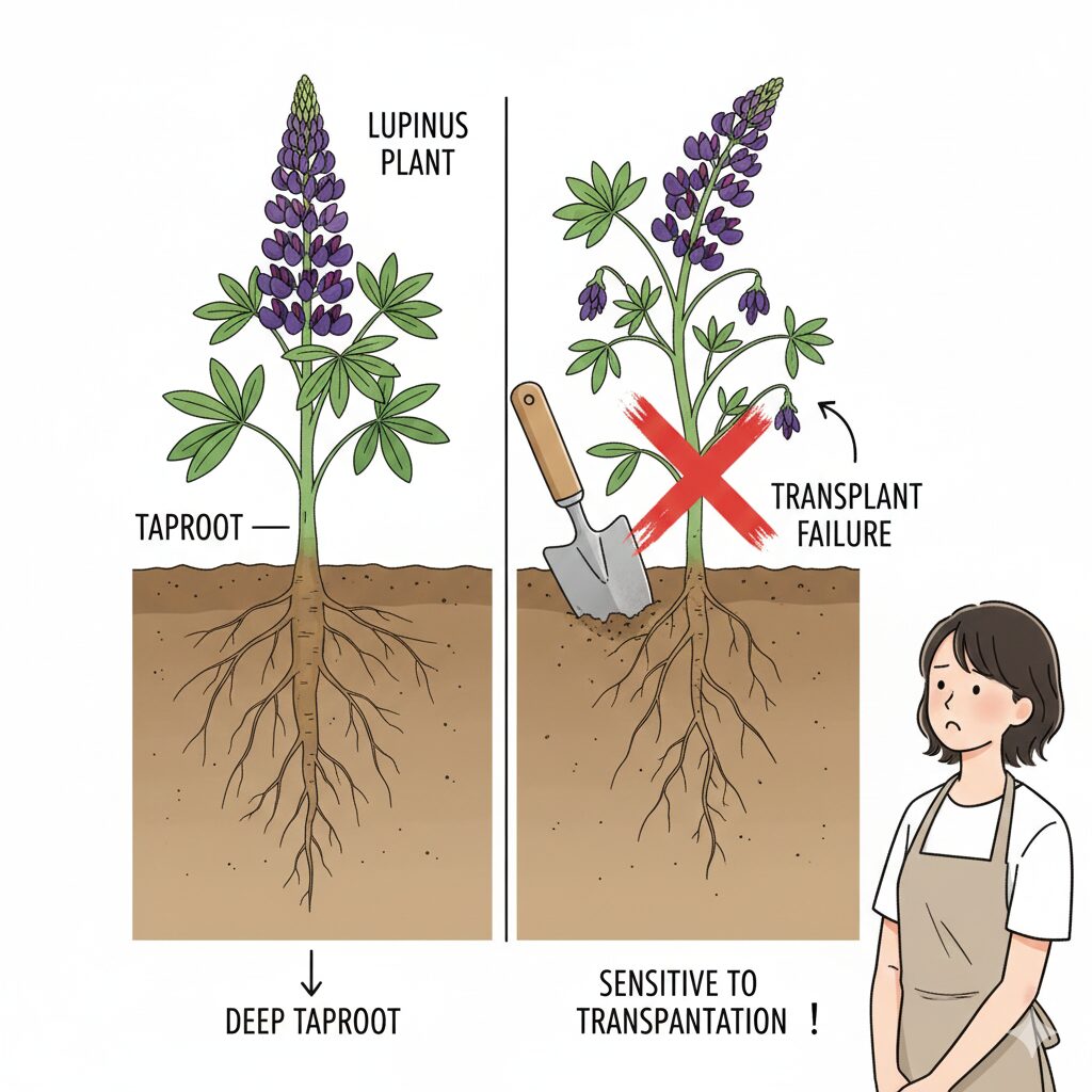 ルピナス 種取り9　ルピナスの根の構造図解：太い主根が垂直に伸びる直根性の特徴と移植が難しい理由