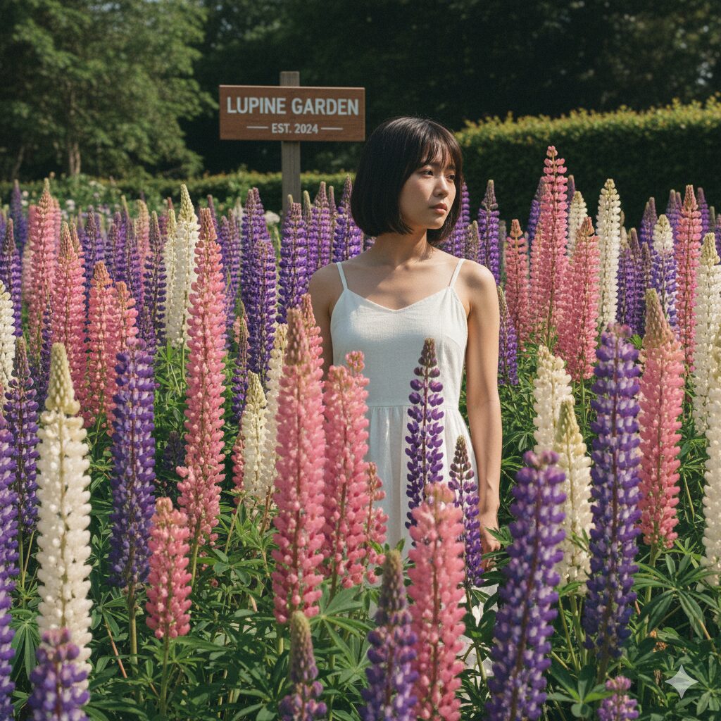 ルピナス 花言葉 怖い1　青空の下で色鮮やかに咲き誇るルピナスの花畑。花言葉の「怖い」「貪欲」といった意味とは対照的な美しさを捉えた写真。