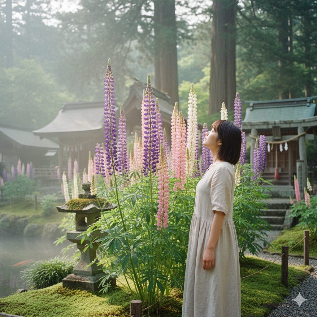 ルピナス 花言葉 怖い10　日本庭園で空に向かって咲くルピナス。和名「昇り藤」として運気上昇の縁起が良い花であることを示す写真。