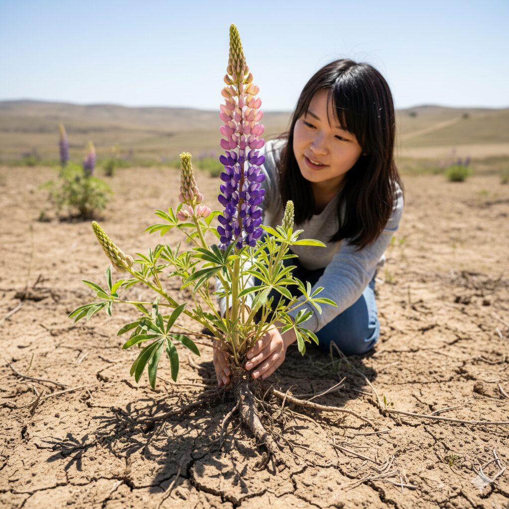 ルピナス 花言葉 怖い2　荒野で力強く花を咲かせるルピナス。「貪欲」という花言葉の由来となった、乾燥した土地でも育つ強靭な生命力を示す写真。