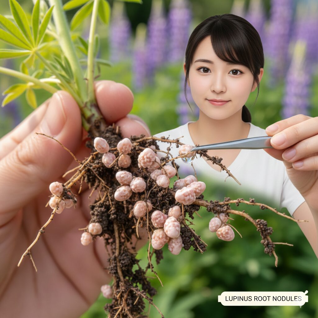 ルピナス 花言葉 怖い3　ルピナスの根に付着した根粒菌の拡大写真。土壌を肥沃にする窒素固定のメカニズムを示す科学的な証拠。