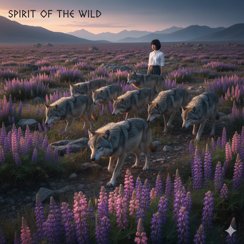 ルピナス 花言葉 怖い4　ルピナスの学名「Lupinus」の由来となったオオカミ（Lupus）。荒野に咲くルピナスとオオカミを関連付けたイメージ写真。