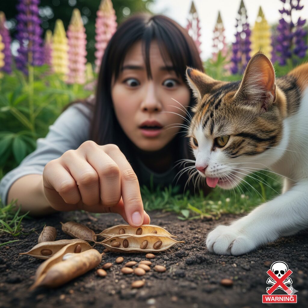 ルピナス 花言葉 怖い5　ルピナスの種子とペット（犬）。有毒成分を含む種子をペットが誤食しないよう注意喚起する写真。