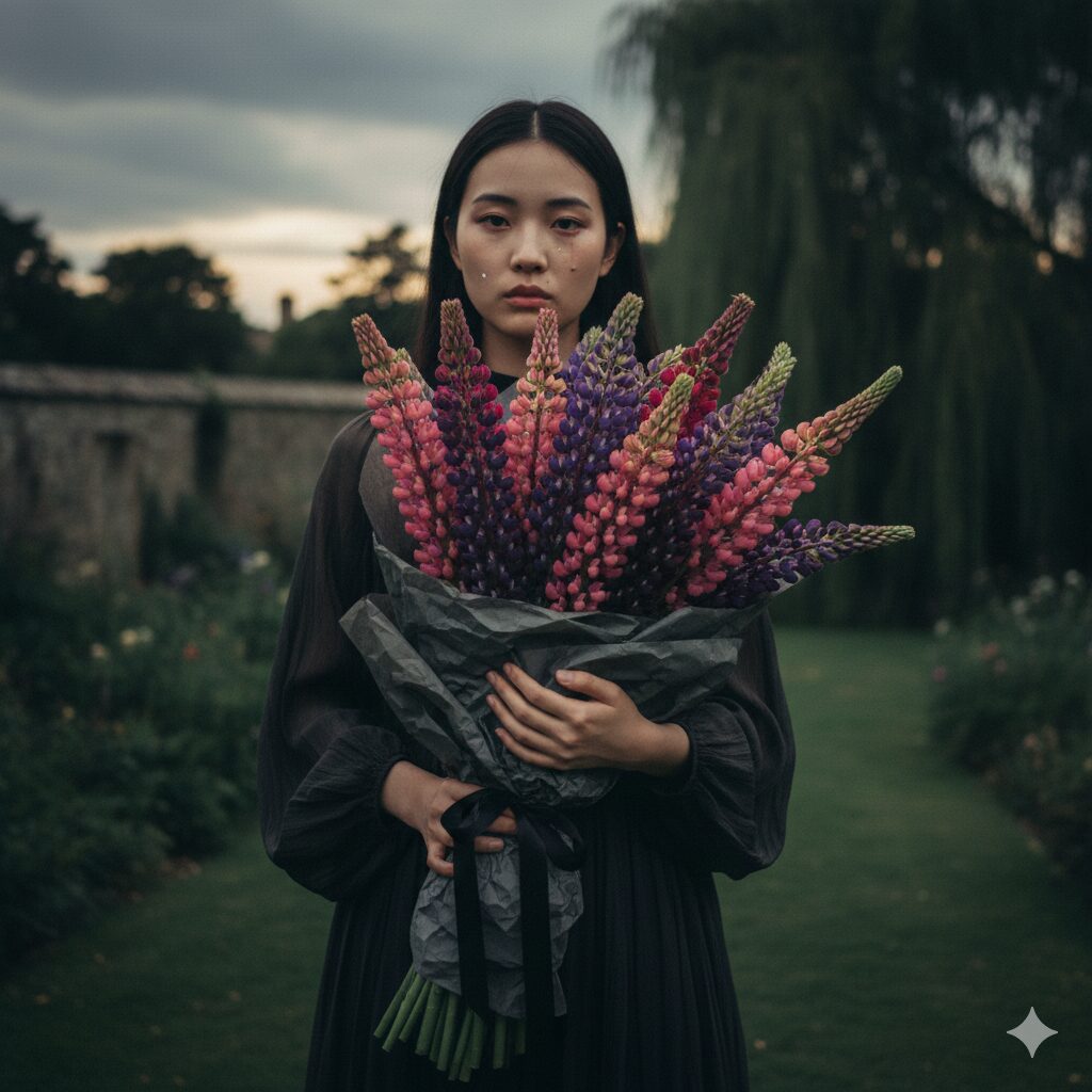 ルピナス 花言葉 怖い6　17本のルピナスで束ねられた花束。「絶望の愛」という怖い花言葉を持つ本数として紹介するためのイメージ写真。