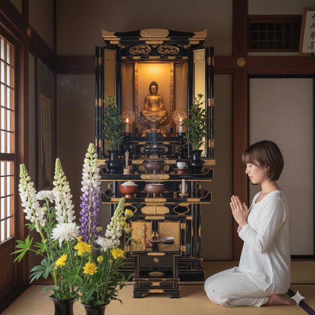 ルピナス 花言葉 怖い7　仏壇に供えられた白いルピナスの花。「昇り藤」として縁起が良いとされる一方で、マナーや宗派による違いを説明するための写真。