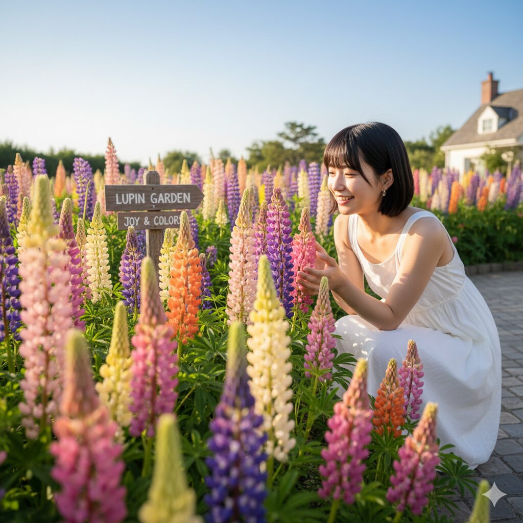 ルピナス 花言葉 怖い8　多彩な色合いでポジティブな花言葉を持つルピナスの花壇。怖いイメージを払拭する、美しく希望に満ちた写真。