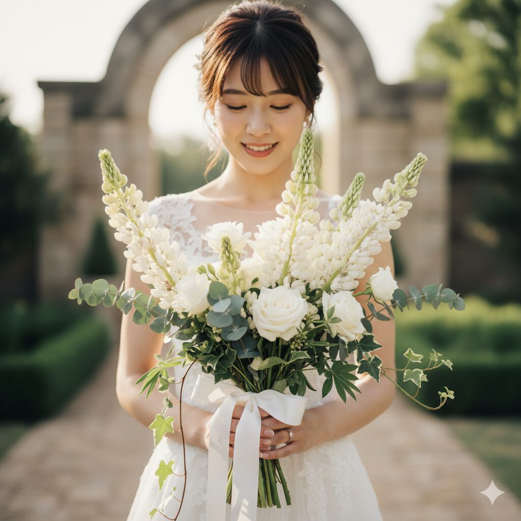 ルピナス 花言葉 怖い9　白いルピナスを使ったウェディングブーケ。「いつも幸せ」というポジティブな花言葉を象徴する幸せな写真。
