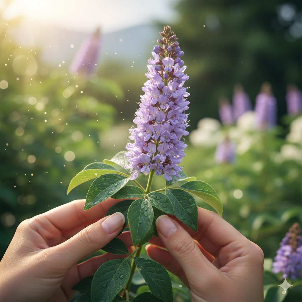 ルピナスに似た花10　　セイヨウニンジンボクの薄紫色の花穂とルピナスに似た掌状の葉
