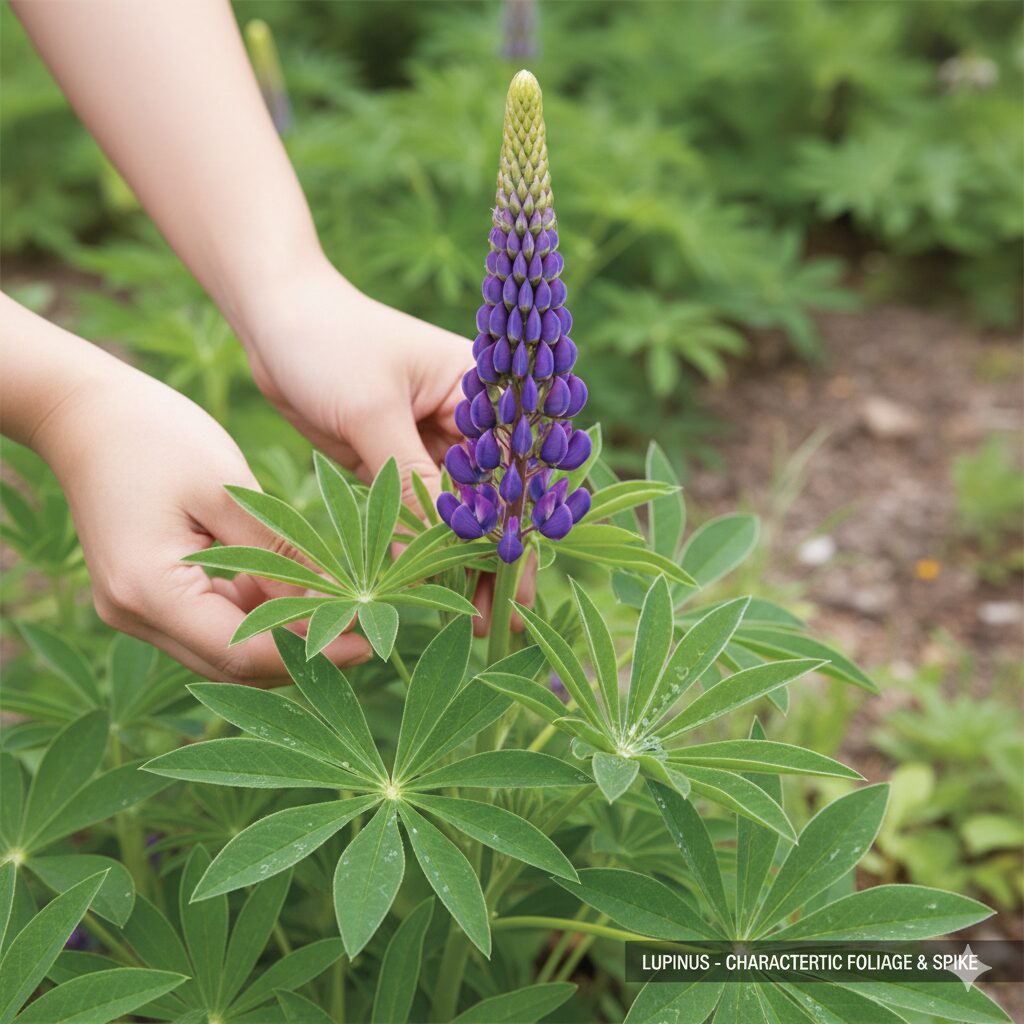 ルピナスに似た花2　ルピナスの特徴である手のひら状に広がる葉と真っ直ぐ伸びる紫色の花穂