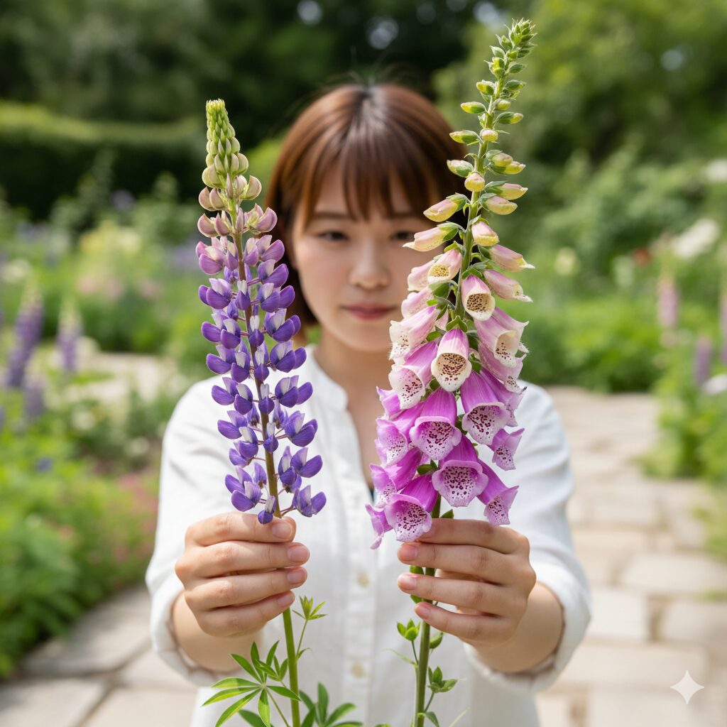 ルピナスに似た花4　木漏れ日が差す半日陰の庭で花穂を立ち上げて咲くピンクと白のジギタリス