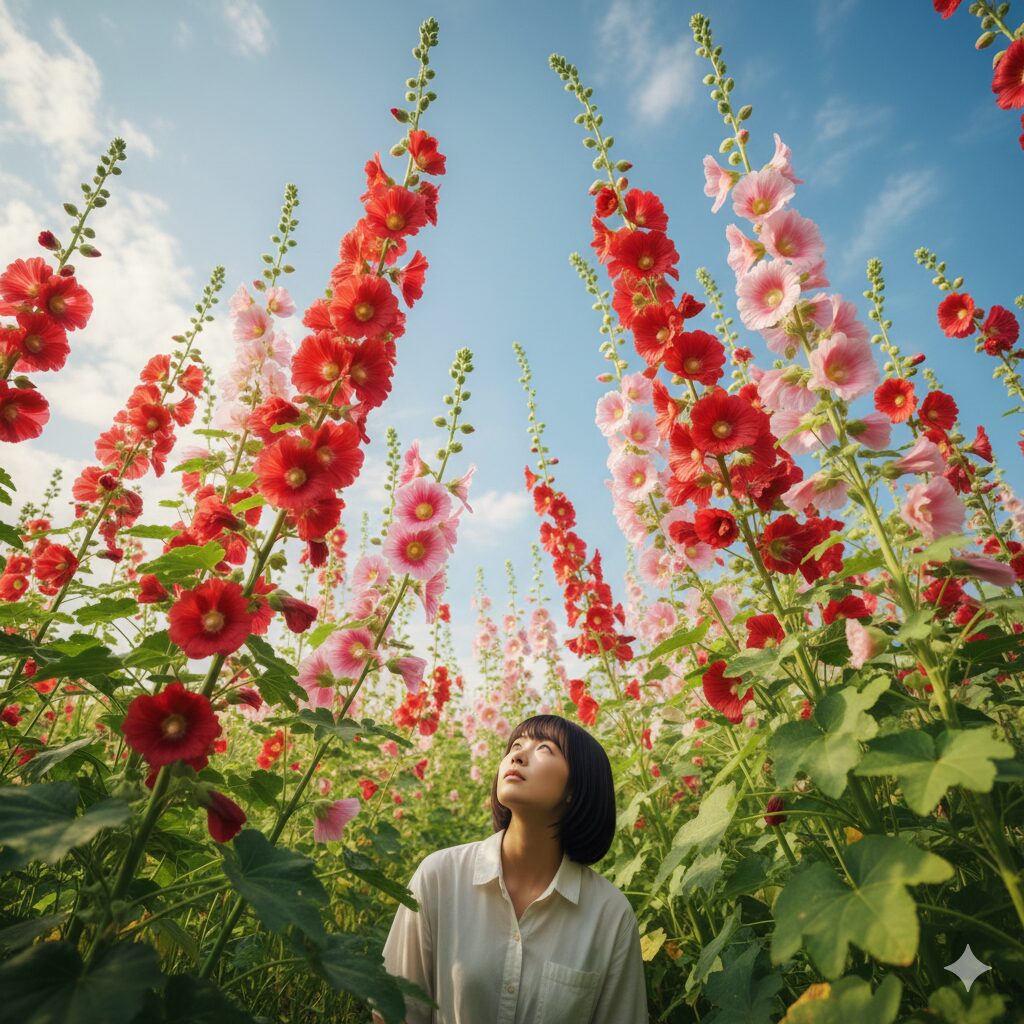 ルピナスに似た花8　夏の青空に向かって背高く伸びる巨大なタチアオイの赤い花穂