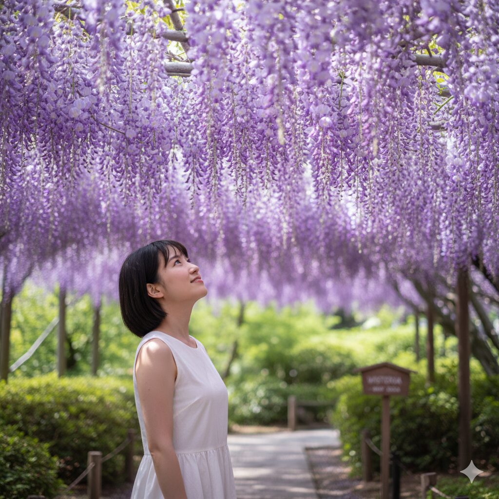 ルピナスに似た花9　藤棚から優雅に垂れ下がる満開の紫色の藤の花房