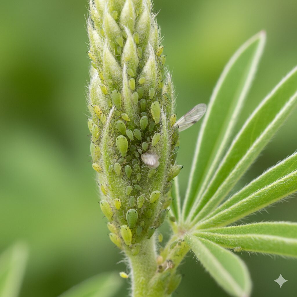 ルピナス育て方 プランター10　ルピナスの新芽と蕾に群生している緑色のアブラムシの拡大写真。注意すべき害虫被害の様子。