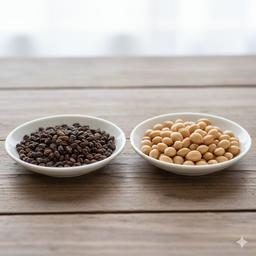 ルピナス育て方 プランター2　種まき前処理の比較写真。左は乾燥した硬実種子、右は一晩吸水させて2倍に膨らんだルピナスの種子。