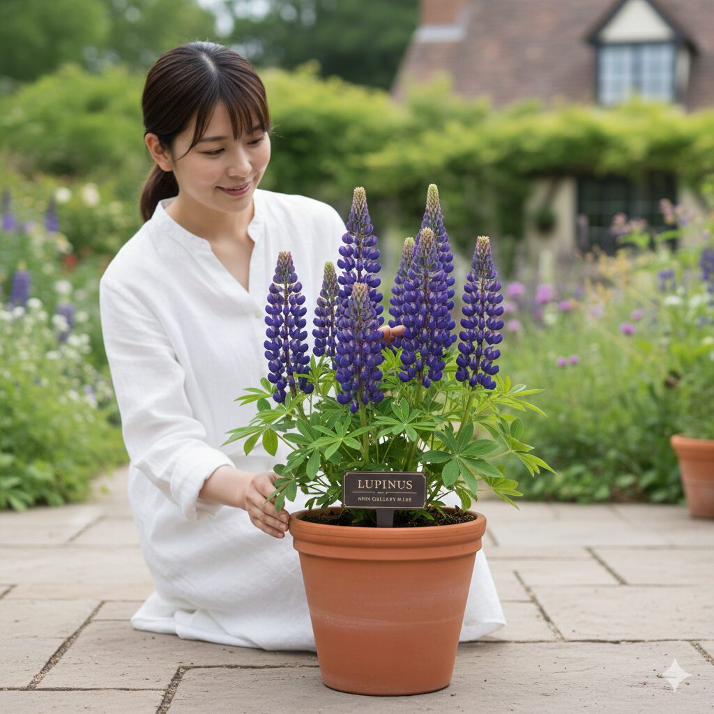 ルピナス育て方 プランター3　プランター栽培に最適な矮性品種ルピナス「ミニギャラリー・ブルー」。鉢植えでもバランス良くコンパクトに育っている様子。