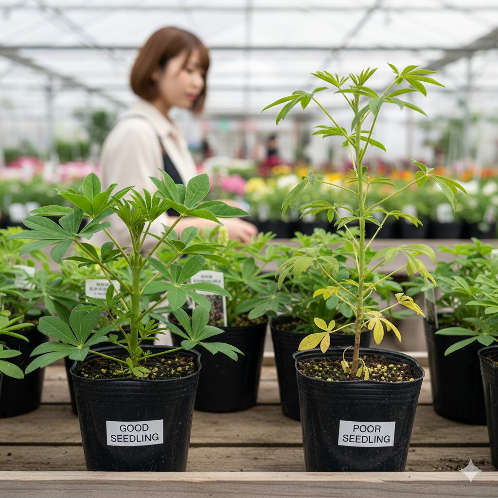 ルピナス育て方 プランター4　ルピナスの苗の選び方。左は節間が詰まった健康な苗、右は茎が細長く伸びてしまった徒長苗の比較。