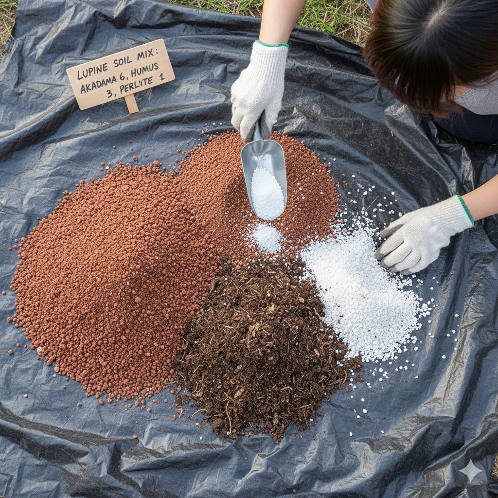 ルピナス育て方 プランター5　ルピナス用培養土の配合材料。赤玉土、腐葉土、軽石を6:3:1で用意し、酸度調整用の苦土石灰を加えている様子。