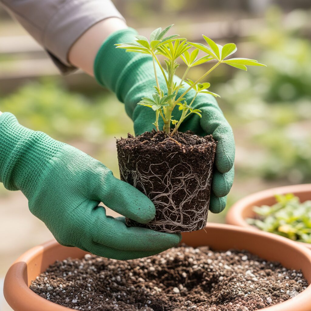 ルピナス育て方 プランター6　ルピナス苗の植え付け作業。根鉢（土と根の塊）を絶対に崩さないように、両手で優しく支えてポットから取り出した様子。
